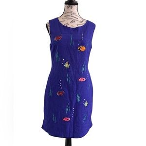 Ultra Dress New York Linen Blend Embroidered Fish Shift Dress Size 10 Blue